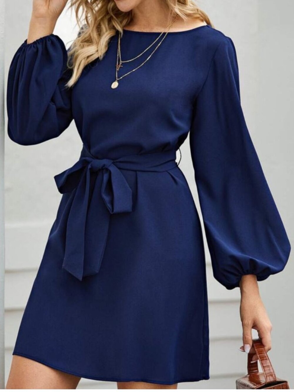 lantern long sleeve belted mini dress navy blue